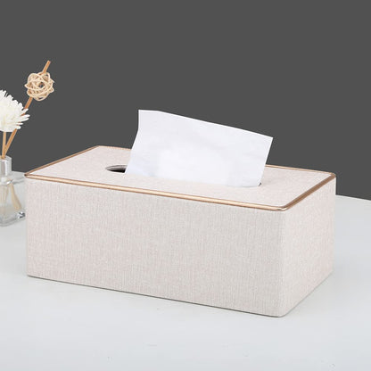 KINGFOM Rectangular PU Leather Tissue Box Holder, Facial Tissue Case Napkin Dispenser for Home Office Car Automotive Decoration with Gold Line(Pearl White-L)