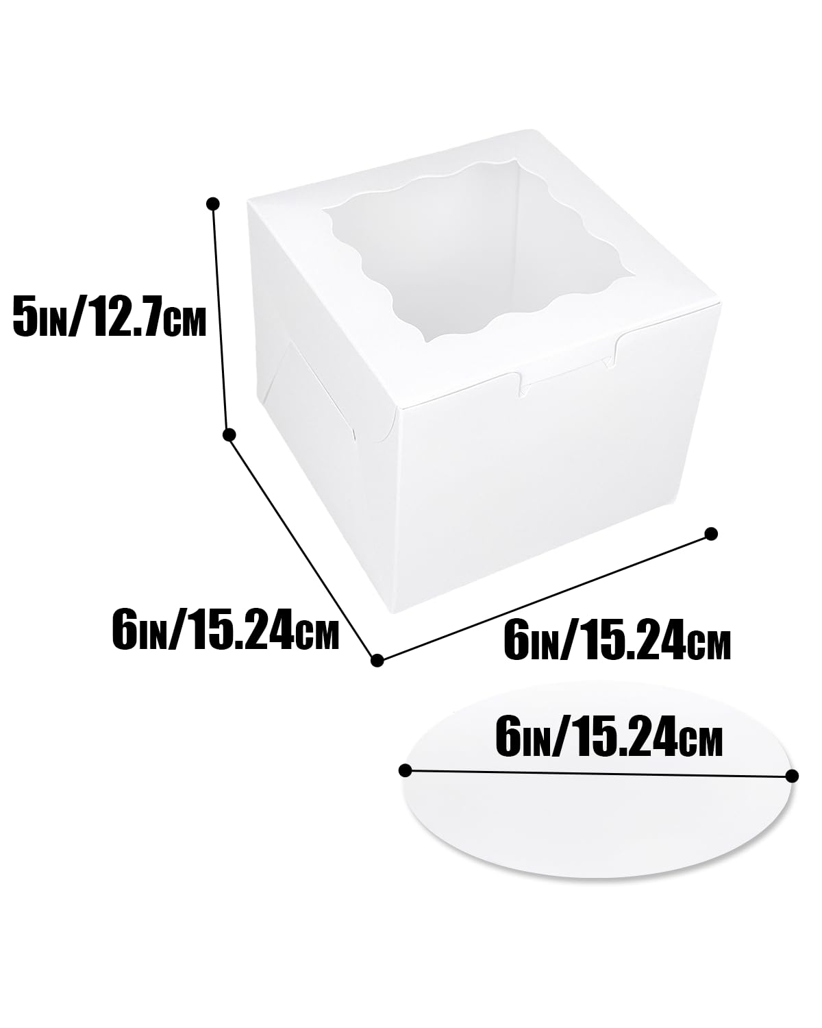 qiqee 6x6x5 Cake Box, 18 Sets White Cake Box with Window ＆ 18 Sets 6" White Cake Round Boards, 6inch Cake Containers & 10 Meters Gold Silk Ribbon