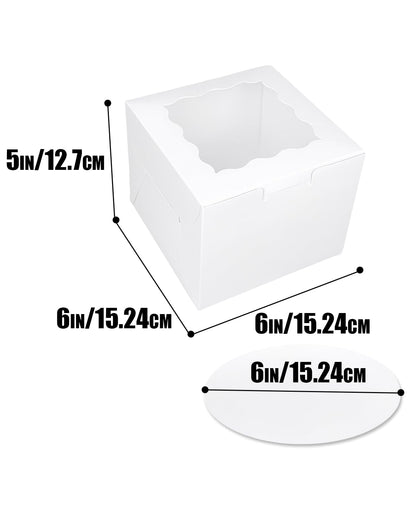 qiqee 6x6x5 Cake Box, 18 Sets White Cake Box with Window ＆ 18 Sets 6" White Cake Round Boards, 6inch Cake Containers & 10 Meters Gold Silk Ribbon