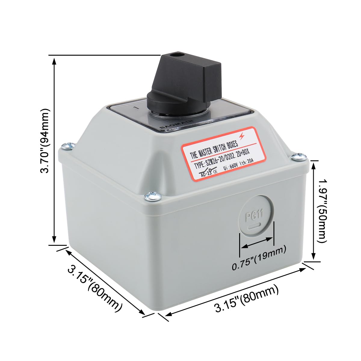 Baomain 20A Rotary Changeover Switch, 660V 3 Position 2 Phase, SZW26-20/D202.2D Cam Switch with Exterior Box (Wider Box)