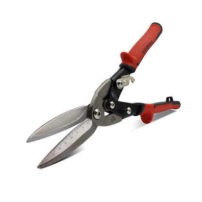 HOUSERAN 12 Inch Aviation Snips, Long Straight Cut Tin Snips, Heavy Duty CR-MO Metal Cutter with Double Lever, Scale Markings & Safety Lock, Shears Scissors for Cutting Metal Sheet