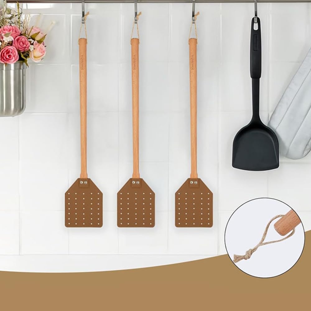 4 Pcs Leather Fly Swatter with Wood Handle,Leather Flyswatter Manual Heavy Duty Fly Swatter,Durable Duty Fly Insects Catcher for Home Indoor Outdoor Kitchen for Spiders, Flies, Bees, Mosquitoes