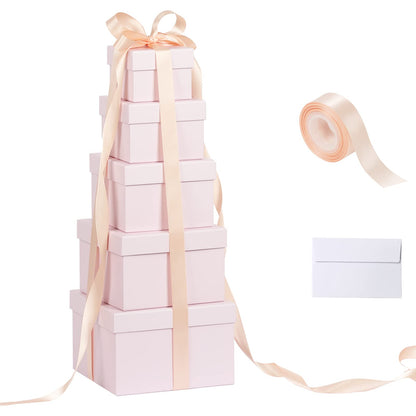CHARMGIFTBOX 5 Pack Large Square Nesting Gift Boxes with Lids for Presents, Pink Stacking Gift Box with Ribbon Card for Wedding Birthday Party Valentine Christmas