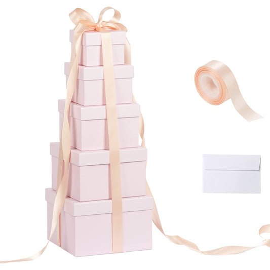 CHARMGIFTBOX 5 Pack Large Square Nesting Gift Boxes with Lids for Presents, Pink Stacking Gift Box with Ribbon Card for Wedding Birthday Party Valentine Christmas
