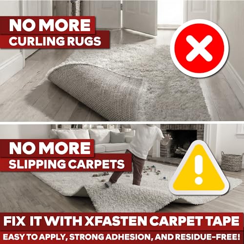 XFasten Double Sided Carpet Tape for Area Rugs 2 Inch x 30 Yards, Residue-Free Carpet Tiles Tape, Removable Heavy-Duty Rug Pad Gripper for Hardwood, Vinyl Flooring Underlayments, Laminate- Wood-Safe