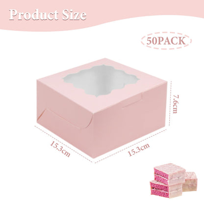 QYCX 50 Pcs Pastry Bakery Boxes Cookie Boxes with Window Gift Box Pink Bakery Box Treat Dnout Snack Container for Chocolate Muffins Desserts Candy Pastries 6x6x2.9inch PaperTake Out Container