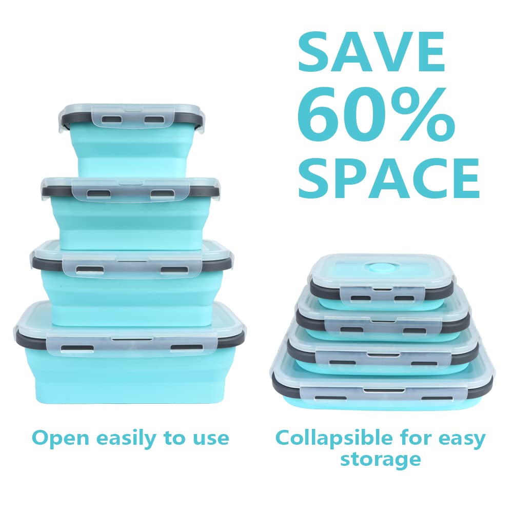 VIGIND Set of 4 Pack Collapsible Foldable Silicone Food Storage Container, Leftover Meal Box with Airtight Plastic Lids for Kitchen, Bento Lunch Boxes-Microwave, Dishwasher and Freezer Safe