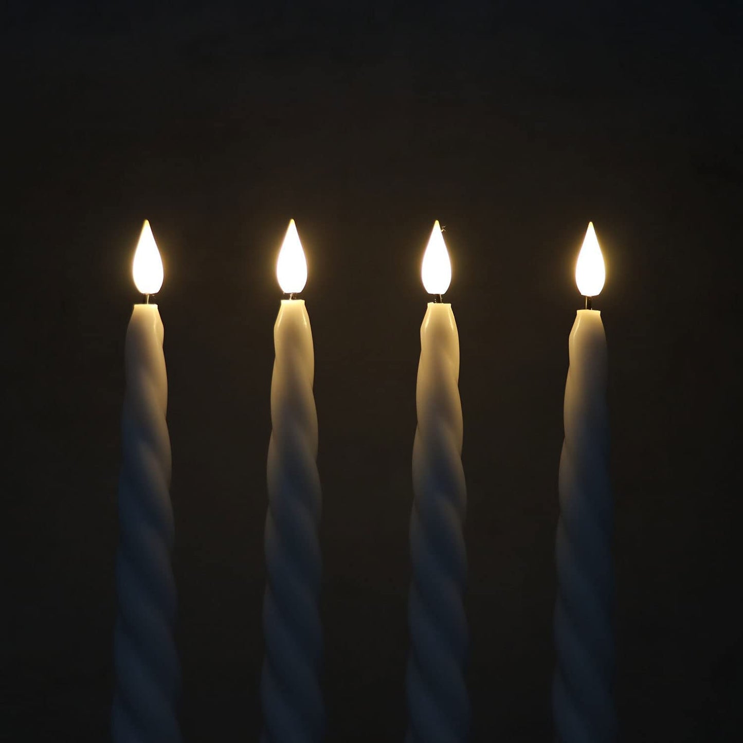 Rhytsing Set of 4 White Flameless Twist Taper Candles 9.65'' with Timer, Battery Powered Spiral Table Dinner Wedding Candles, Warm White Light, Remote & Batteries Included
