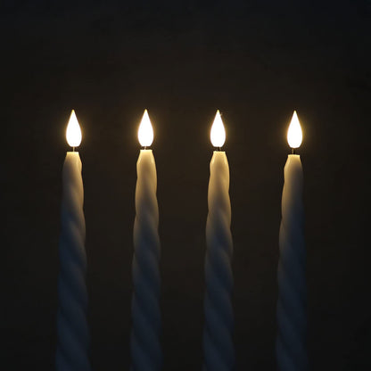 Rhytsing Set of 4 White Flameless Twist Taper Candles 9.65'' with Timer, Battery Powered Spiral Table Dinner Wedding Candles, Warm White Light, Remote & Batteries Included