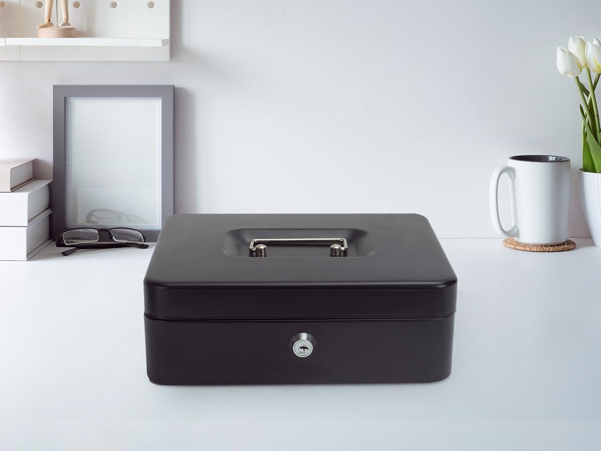 Cash Box with Lock and Money Tray Metal Money Box for Cash Lock Box for Money