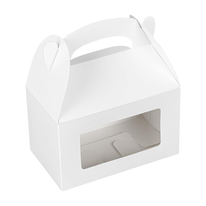 Restaurantware Gable Gift Boxes Pack of 100 Greaseproof Paper Treat Boxes 6 x 3.5 x 3.5 Inches With Window, Disposable Design White Containers for Weddings or Birthdays