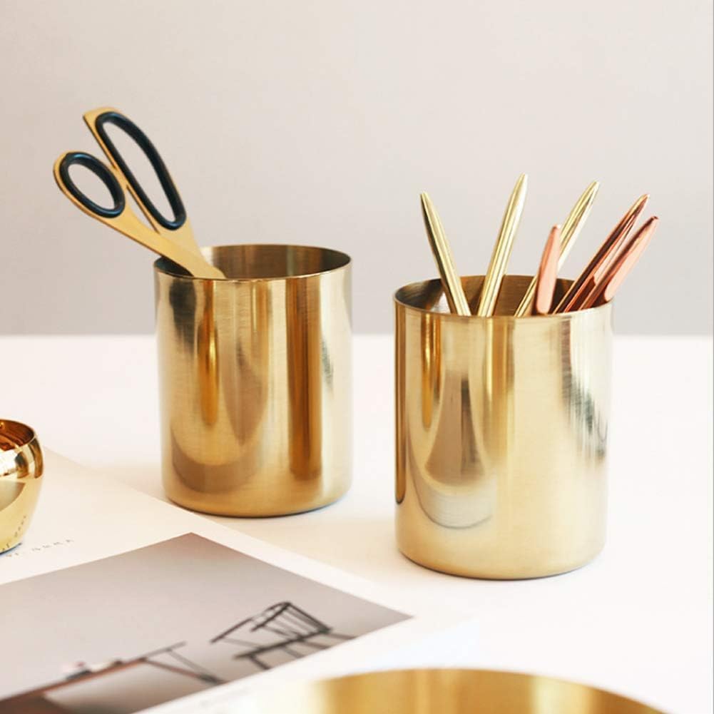 2PCS Gold Pen Holder, Round Pencil Cup Stainless Steel Makeup Brush Holder Desktop Stationery Organizer for Office and Vanity Desk