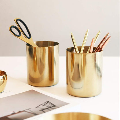 2PCS Gold Pen Holder, Round Pencil Cup Stainless Steel Makeup Brush Holder Desktop Stationery Organizer for Office and Vanity Desk