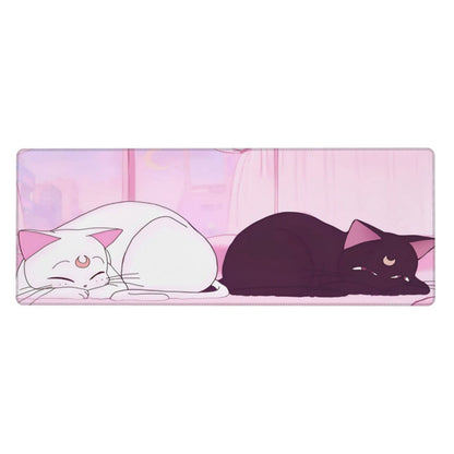 Anime Kawaii Gaming Mouse Pad Cute White Cat Black Cat Large Desk Office Decor Exclusive Beautiful Girls Mouse Pad for Women Mouse Mat Desk Pad 31.5x11.8in Non-Slip Rubber Base with Stitched Edges