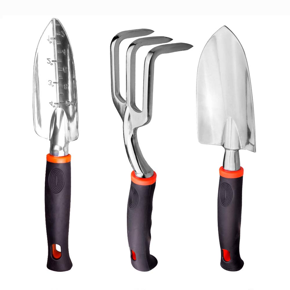 Yongkist 3 Piece Garden Tool Set, Cast-Aluminum Heavy Duty Gardening Kit Includes Hand Trowel, Transplant Trowel and Cultivator Hand Rake with Soft Rubberized Non-Slip Ergonomic Handle, Ideal Gifts