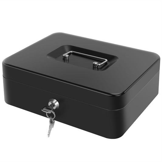 Cash Box with Money Tray and Lock, Large Metal Lock Box for Money Safe 9.84 x 7.87 x 3.54 Inches - Black