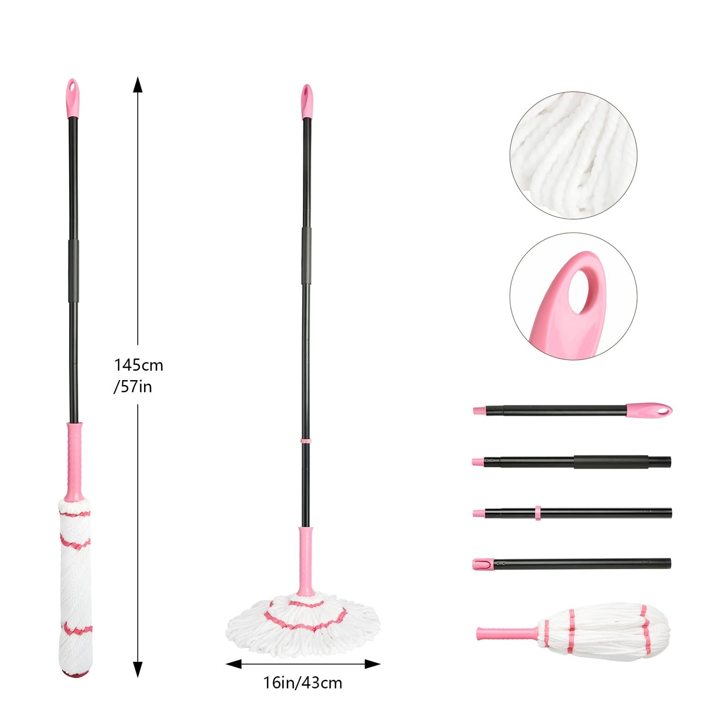 XXFLOWER Self-Wringing Mop, 57-inch, Heavy Duty Microfiber Mop for Floor Cleaning, Wet and Dry Use, Suitable for Hardwood Floors, Kitchens, Bathrooms, Tiles, Commercial and Home Cleaning (Pink)