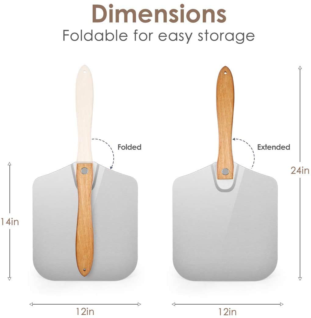 12 Inch x 14 Inch Aluminum Metal Pizza Peel, Pizza Paddle for Baking Homemade Pizza and Bread with Foldable Wood Handle for Easy Storage, for Any Outdoor Or Indoor, Oven or Grill Use (Aluminum)