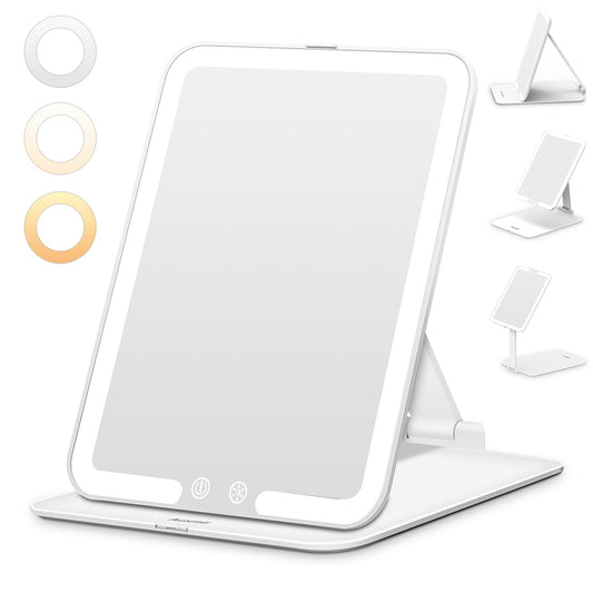 Auxmir Rechargeable Travel Makeup Mirror, Portable Travel Lighted Makeup Mirror with 3 Color Modes Dimmable, Compact Silm Tabletop LED Vanity Mirror with Touch Screen for Daily Business, White