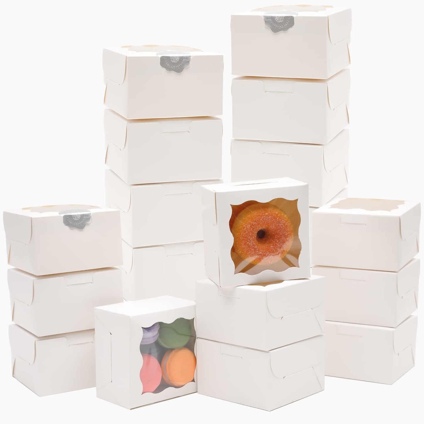 Bakepacker 4x4x2.5" Bakery Box with Window - 60pcs White Macaron, Donut & Mini Cookie Boxes