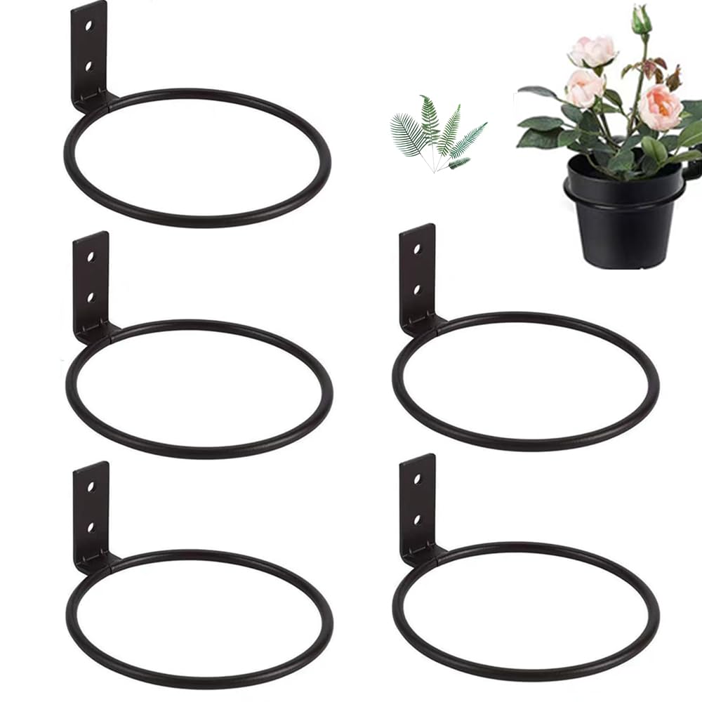 Plant Hangers, Flower Pot Holder Ring for Wall Mount 4 Inch Foldable,Black Flower Pot Ring Set,Heavy Duty Metal Round Planter Hooks Hangers for Outdoor, Indoor Plants and Flowers(6 Pack)