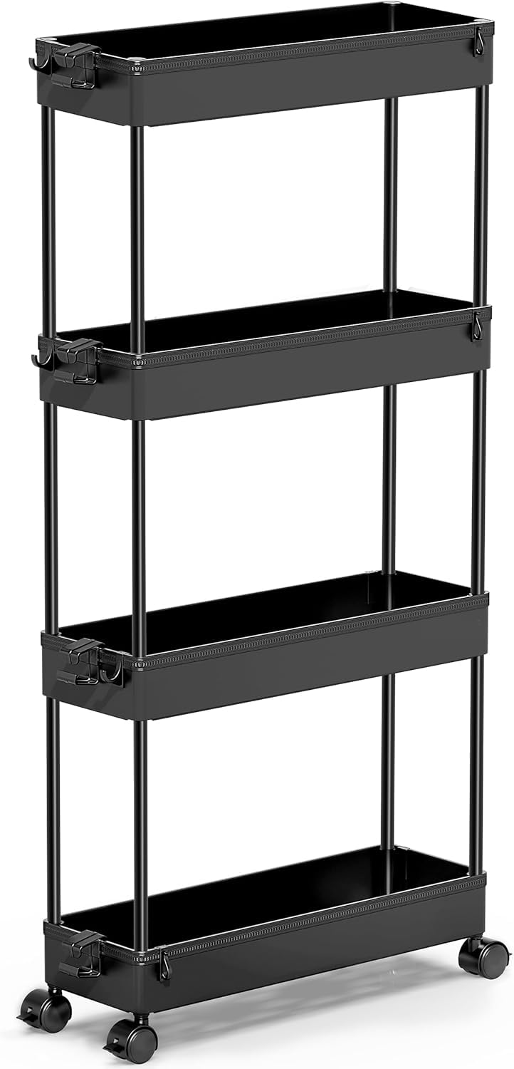 SPACEKEEPER Slim Rolling Storage Cart 4 Tier Bathroom Organizer Mobile Shelving Unit Storage Rolling Utility Cart Tower Rack for Kitchen Bathroom Laundry Narrow Places, Black