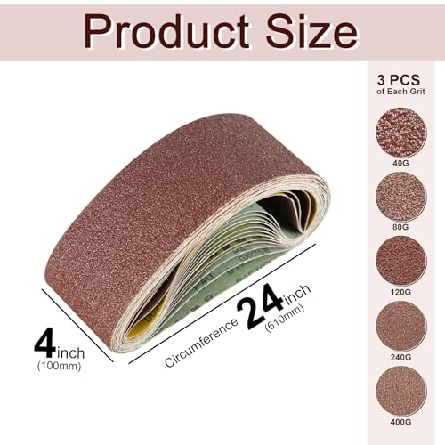 SALI 15 PCS Sanding Belts 4 * 24 Inch,Belt Sander Belts 40G+80G+120G+240G+400G,for Sanding Wood,Metal and Paint-15 Pack
