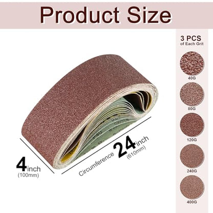SALI 15 PCS Sanding Belts 4 * 24 Inch,Belt Sander Belts 40G+80G+120G+240G+400G,for Sanding Wood,Metal and Paint-15 Pack