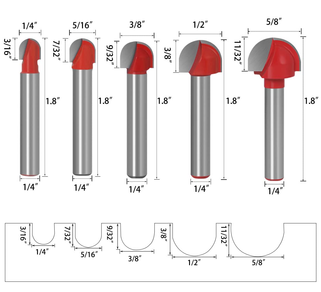 Saipor 8pcs 1/4" Shank Cove Core Box Router Bit Set Carbide Tipped Round Nose Router Bits Wood Milling Cutter Tool Set