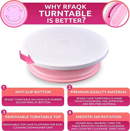RFAQK 35 PCs Cake Decorating Kit with Cake Turntable -Leveler- Cake Stand with Non slip Base-7 Piping Tips & 20 Bags-Straight & Offset Spatula- Scraper Set-EBook-Cake Decorations & Baking Supplies Set