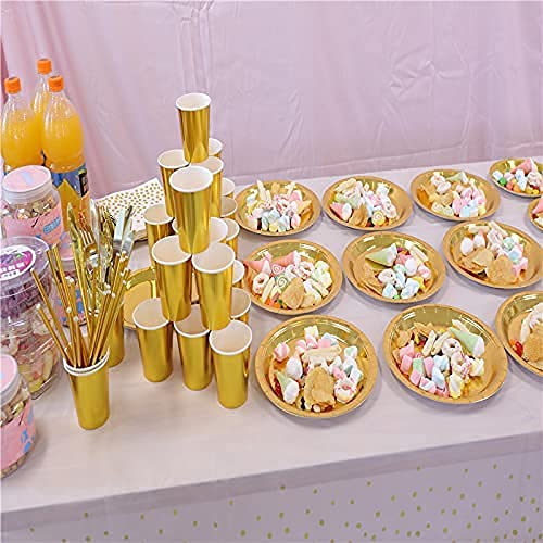 200Pcs Solid Gold Party Supplies - Gold Paper Plates & Napkins Cups Silverware Serves 25 Sets for Wedding Bridal Shower Engagement Birthday Parties (Gold)