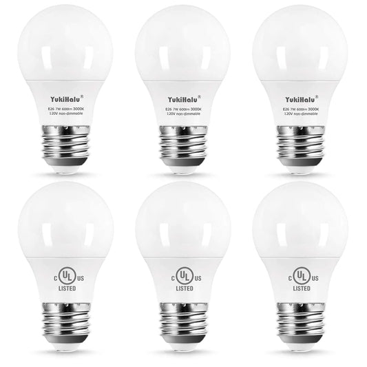 YukiHalu A15 LED Light Bulbs, 60W Equivalent, E26 Base, 2700K/3000K/5000K White, 7W 600 Lumens 120V, Non Dimmable, UL Listed, Ceiling Fan Light Bulbs, Appliance Bulb, Pack of 6