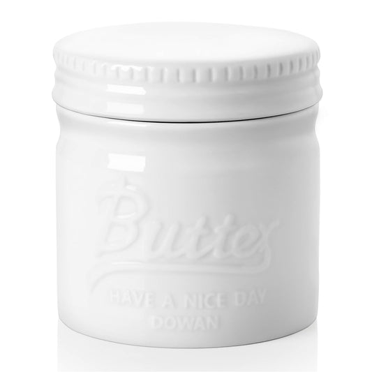 DOWAN Porcelain Butter Keeper Crock, French Butter Dish with Lid, Embossed Butter Container for Soft Butter, Big Capacity & Humanized Water Line, White