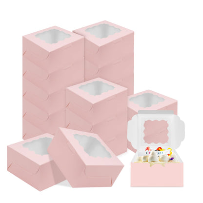 QYCX 50 Pcs Pastry Bakery Boxes Cookie Boxes with Window Gift Box Pink Bakery Box Treat Dnout Snack Container for Chocolate Muffins Desserts Candy Pastries 6x6x2.9inch PaperTake Out Container