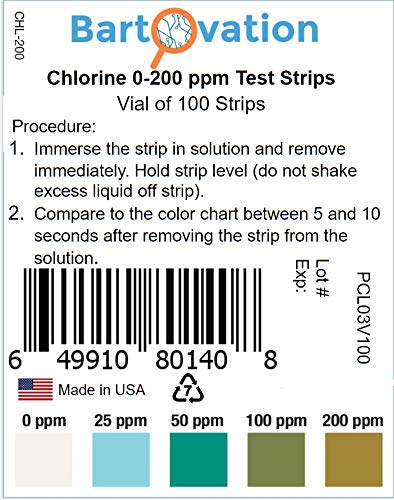 Restaurant Chlorine Sanitizer Plastic Test Strips, 0-200 ppm [Moisture Wicking Vial of 100 Strips]