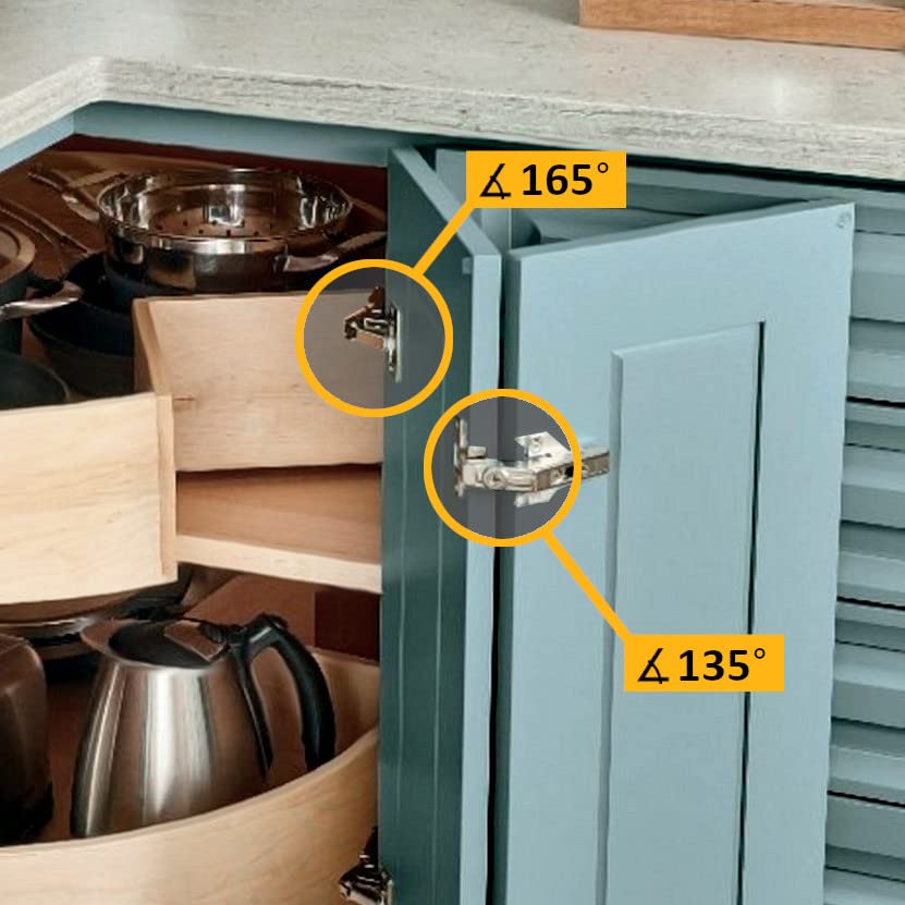 ANGSTROM 2-Pack Lazy Susan Cabinet Hinges, Full Overlay Concealed European Style for Outer Corner Door, 3D Adjustable Clip-On (135-Degree)
