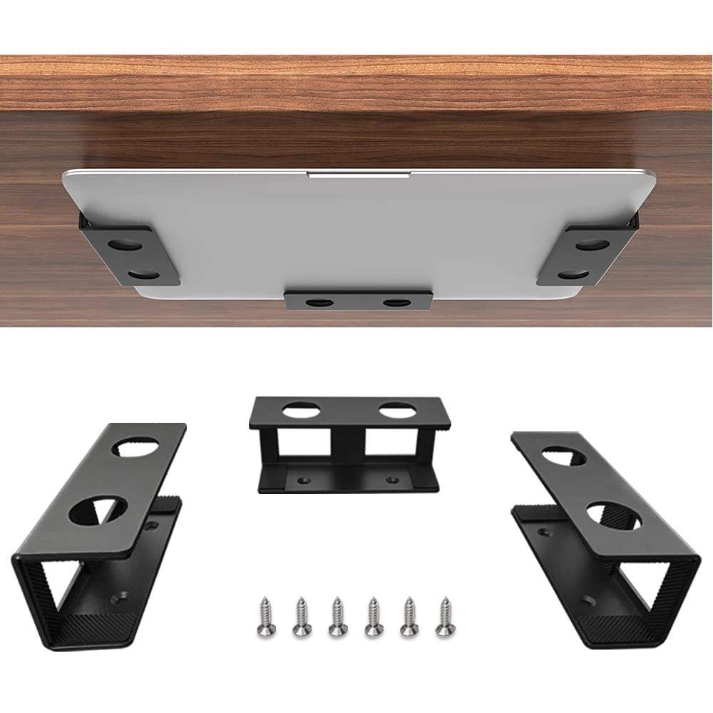 Under Desk Laptop Mount, IFCASE Hard Aluminum Under Desk Shelf Holder for Laptop, Mac mini, MacBook, Keyboard with Anti-Scratch Silicone (Black)