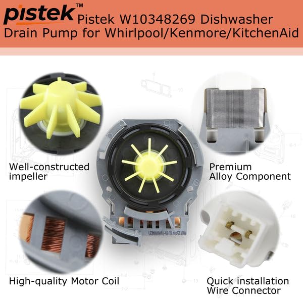 Pistek WPW10348269 W10348269 Dishwasher Drain Pump Replacement for Whirlpool Kenmore Kitchenaid Dishwasher 8558995 W10158351 AP5691922 AP6020066 PS11753379