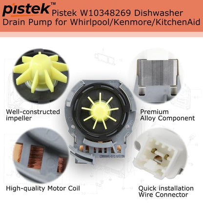 Pistek WPW10348269 W10348269 Dishwasher Drain Pump Replacement for Whirlpool Kenmore Kitchenaid Dishwasher 8558995 W10158351 AP5691922 AP6020066 PS11753379