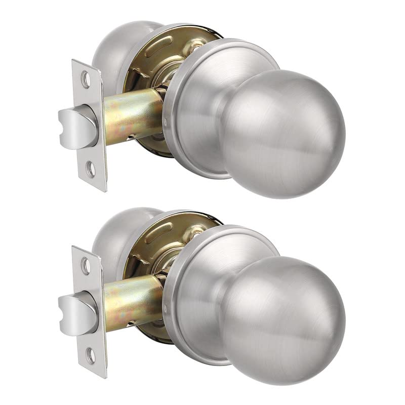 Probrico Brushed Nickel Passage Door Handles, Round Indoor Hallway Closet Door Knob, Keyless Interior Door Handles with Lock, 2Pack