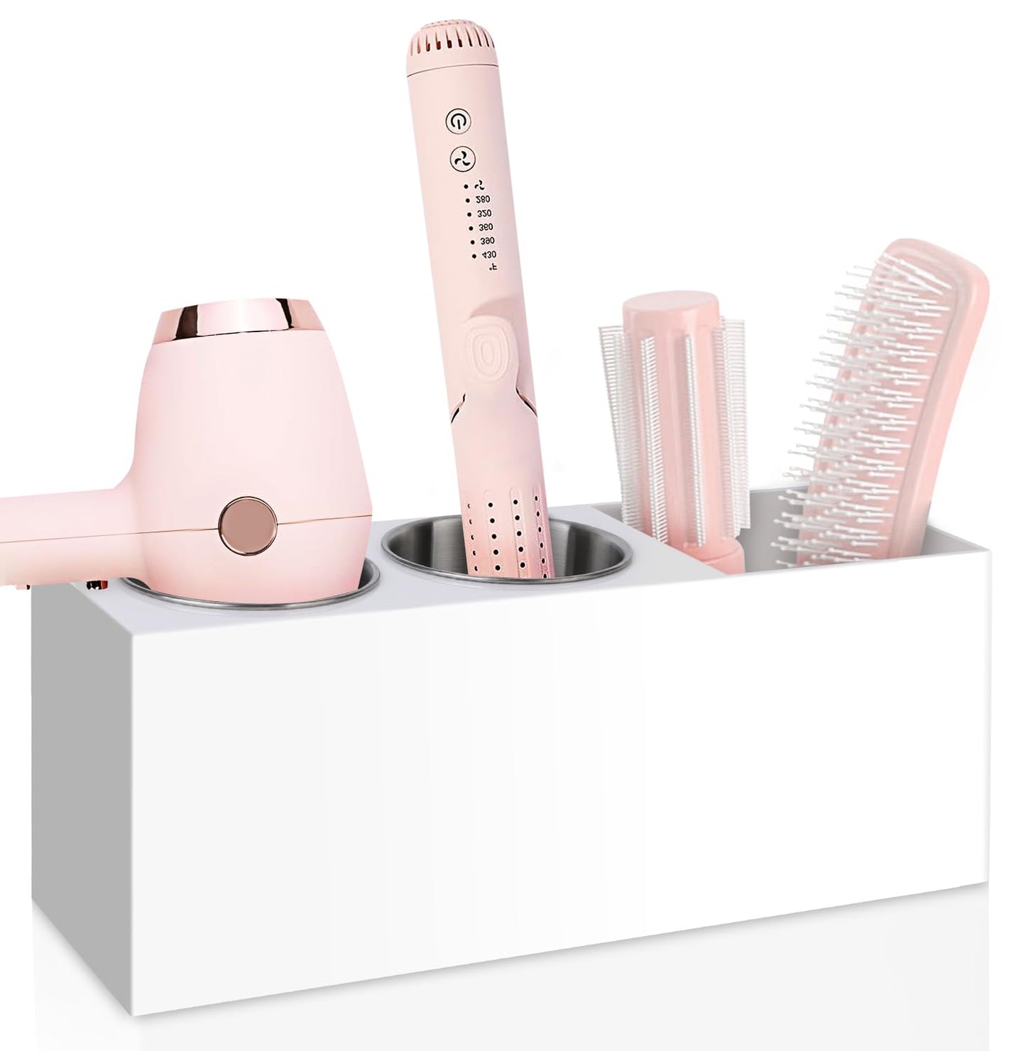 Bollmisde Hair Tool Organizer, Hair Dryer Holder with Heatproof Steel Cups, Acrylic Vanity Organizer for Curling Iron, Flat Iron & Hair Brushes, Perfect for Bathroom (White, Standard)