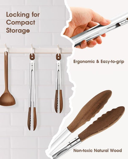 Wooden Tongs for Cooking, 2-Piece 10 & 13 Inch Kitchen Tongs Set with Locking Mechanism, Stainless Steel with Walnut Wood Tips for BBQ, Salad, Serving Utensils — Essential Kitchen & Home Gadget Set