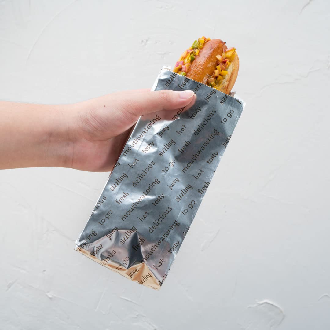 Restaurantware-Bag Tek 3.7 x 1.2 x 9.2 Inch Hot Dog Bags, 100 Small Hot Dog Wrappers - Greaseproof, Freezer-Safe, Printed Foil Accessories, Heat-Resistant, Non-Vented
