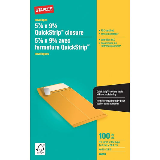 Staples Kraft Catalogue Envelopes with QuickStrip Closure - 5-7/8" x 9-5/8" - Brown - 100 Pack