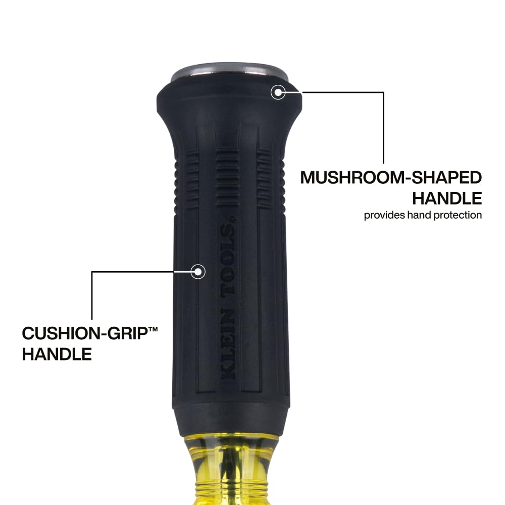 Klein Tools 6004DD 1/4-Inch Keystone Demolition Driver, Steel Tip-to-Cap Construction, Cushion-Grip Handle, Oversized Strike Cap, Square Shank with Wrench Assist