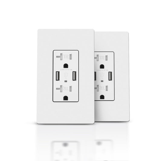 TOPELER 4.8A USB Wall Outlet Charger, 20 Amp Duplex Tamper-Resistant Receptacles Plug with USB Type A Ports, Screwless Wallplate Included, UL Listed, White, 2PACK