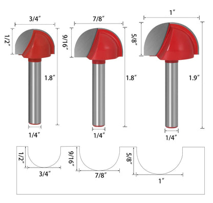 Saipor 8pcs 1/4" Shank Cove Core Box Router Bit Set Carbide Tipped Round Nose Router Bits Wood Milling Cutter Tool Set
