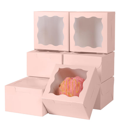 PFAMKEER 25pcs Pink Small Cake Box,4x4x2.5 Inch Bakery Boxes with Window,gift boxes bulk for Mini Cake Pastry Dessert Strawberries Chocolates Cupcakes with Stickers