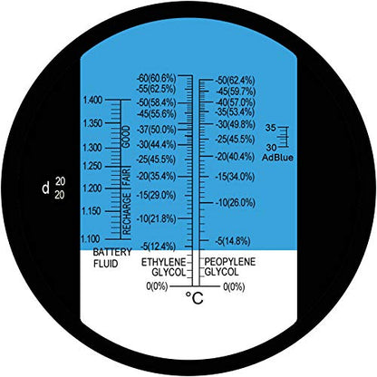 TRZ Antifreeze Refractometer, Antifreeze Battery Cleaning Fluid, Ethylene Glycol: -60°C - 0°C, 0-66.6% Vol, Propylene Glycol: -50°C - 0°C, 0-62.4% Vol, Battery Liquids: 1100-1400sg.