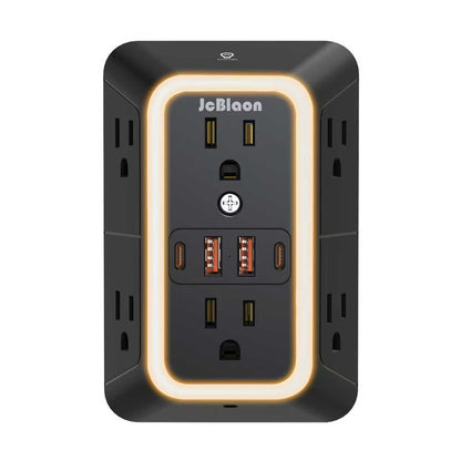 Wall Outlet Extender with Night Light, Power Plug Adapter 6 Outlet Extender with 4 USB Charging Ports（2 USB C）,1050J Power Strip Multi Plug Adapter Spaced for Home Office Travel-Black